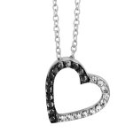 Collier en argent rhodi chane avec pendentif coeur vid avec 1 moiti en oxydes blancs sertis et l'autre ...