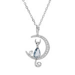 Collier en argent rhodi chane avec pendentif demi lune et chat en oxyde bleu 40 + 5cm