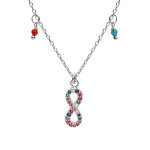 Collier en argent rhodi� cha�ne avec pendentif infini empierr�s et pampilles boules multi couleurs et ...