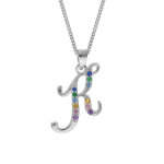 Collier en argent rhodi� cha�ne avec pendentif initiale k et oxydes multi couleurs sertis 42 + 3cm