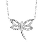 Collier en argent rhodi� cha�ne avec pendentif libellule ajour�e avec ailes orn�es d'oxydes blancs au ...
