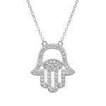 Collier en argent rhodi chane avec pendentif main de fatma et oxydes blancs 40, 5 + 7cm