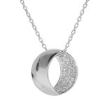 Collier en argent rhodi chane avec pendentif oval moiti lisse et moiti avec oxydes blancs sertis ...