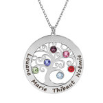 Collier en argent rhodi chane avec pendentif prnoms  graver arbre de vie 30mm orn d'oxydes couleurs ...
