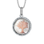 Collier en argent rhodi chane avec pendentif rond de 14mm en nacre blanche vritable avec arbre de ...