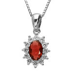 Collier en argent rhodi� collection joaillerie cha�ne avec pendentif ovale et gros oxyde rouge au centre ...