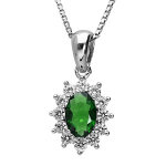 Collier en argent rhodi� collection joaillerie cha�ne avec pendentif ovale et gros oxyde vert au centre ...