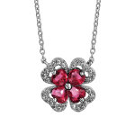 Collier en argent rhodi� collection joaillerie cha�ne avec pendentif tr�fle � 4 feuilles en oxydes rouges ...
