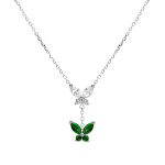 Collier en argent rhodi� deux papillons oxydes blanc et vert sertis - 38 + 5cm