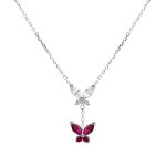 Collier en argent rhodi� deux papillons oxydes blanc et fushia sertis - 38 + 5cm