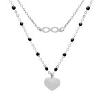 Collier en argent rhodi� double cha�ne avec infini et coeur et perles noires 40 + 5cm