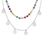 Collier en argent rhodi� double rangs avec pierres facet�es et pampilles arbre de vie 38 + 4cm