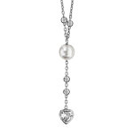Collier en argent rhodi� forme y cha�ne avec boules lisses, perles blanches eau douce et oxyde blanc ...