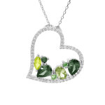 Collier en argent rhodi massif chane avec pendentif coeur oxydes verts contour oxydes blancs 40 + 5cm ...