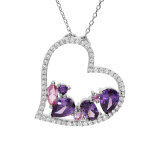 Collier en argent rhodi massif chane avec pendentif coeur et oxydes violets et roses contour oxydes ...