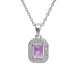 Collier en argent rhodi massif chane avec pendentif pierre carr amthyste vritable contour oxydes ...