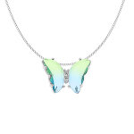 Collier en argent rhodi� papillon 20x15mm verre d�grad� bleu vert et orn� d'oxydes blancs sertis - 42 ...