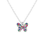 Collier en argent rhodi� avec papillon orn� d'oxydes multi couleurs sertis - 40 + 5cm