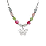 Collier argent rhodi� papillon et perles nacre v�ritable teint�e r�glable 40 � 45cm