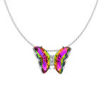 Collier en argent rhodi� papillon verre 42x30mm multi couleur et orn� d'oxydes blancss sertis - 42 + ...