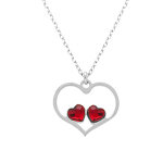 Collier en argent rhodi� avec pendentif coeur ajour� et deux oxydes rouges - 40 + 5cm