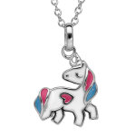 Collier en argent rhodi� avec pendentif licorne blanc, rose et bleu longueur 16 + 2cm