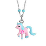 Collier en argent rhodi� avec pendentif poney rose et bleu longueur 36 + 3cm