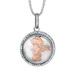 Collier en argent rhodi pendentif rond nacre blanche vritable ange dorure rose 42cm + 3cm