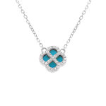 Collier en argent rhodi� pendentif tr�fle agate bleu turquoise v�ritable contour oxydes blancs - 40 + ...