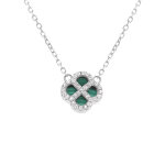 Collier en argent rhodi� pendentif tr�fle malachite v�ritable contour oxydes blancs - 40 + 5cm