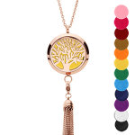 Collier avec pendentif diffuseur de parfum grand mdaillon arbre de vie et pompon pvd rose - rglable ...