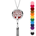 Collier avec pendentif diffuseur de parfum grand mdaillon arbre de vie et pompon - rglable 45  65cm ...