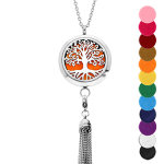 Collier avec pendentif diffuseur de parfum mdaillon arbre de vie et pompon chanettes - rglable 45 ...