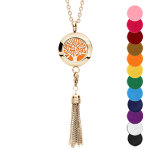 Collier avec pendentif diffuseur de parfum mdaillon arbre de vie et pompon pvd jaune - rglable 45  ...