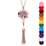 Collier avec pendentif diffuseur de parfum mdaillon arbre de vie et pompon pvd rose - rglable 45  ...