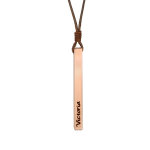 Collier avec pendentif tube rectangulaire en acier rose satin 4mm prnom  graver et cordon marron rglable ...