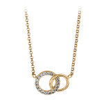 Collier en plaqu or chane avec pendentif 2 anneaux de taille diffrente emmaills, 1 gros orn d'oxydes ...