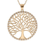 Collier en plaqu or chane avec pendentif arbre de vie 30mm contour rond pav d'oxydes blancs sertis ...