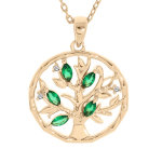 Collier en plaqu or chane avec pendentif arbre de vie dans anneau et oxydes verts 40 + 4cm