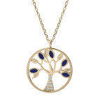 Collier en plaqu or chane avec pendentif arbre de vie et oxydes bleus et blancs sertis 40 + 3cm
