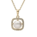 Collier en plaqu or chane avec pendentif carr oxydes blancs avec perle de culture d'eau douce blanche ...