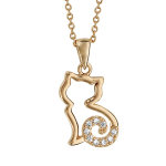 Collier en plaqu or chane avec pendentif chat ajour stylis avec queue orne d'oxydes blancs - longueur ...