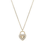 Collier en plaqu or chane avec pendentif coeur et cadenas oxydes blancs sertis 40 + 3cm