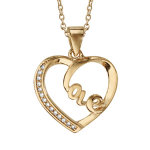 Collier en plaqu� or cha�ne avec pendentif coeur �vid� avec boucle  love  � l'int�rieur et oxydes blancs ...