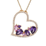 Collier en plaqu or chane avec pendentif coeur oxydes violets et roses contour oxydes blancs 40 + 5cm ...