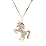 Collier en plaqu� or cha�ne avec pendentif licorne oxydes multi couleurs sertis 38 + 5cm