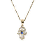Collier en plaqu or chane avec pendentif main de fatma pave d'oxydes blancs et bleu 35 + 5cm