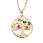 Collier en plaqu or chane avec pendentif rond arbre de vie empierr multicolore 40 + 5cm