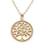 Collier en plaqu or chane avec pendentif rond torsad avec arbre de vie 17mm dcoup 42 + 3cm
