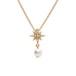 Collier plaqu or forme etoile oxydes blancs et perle blanche imitation 42 + 3cm